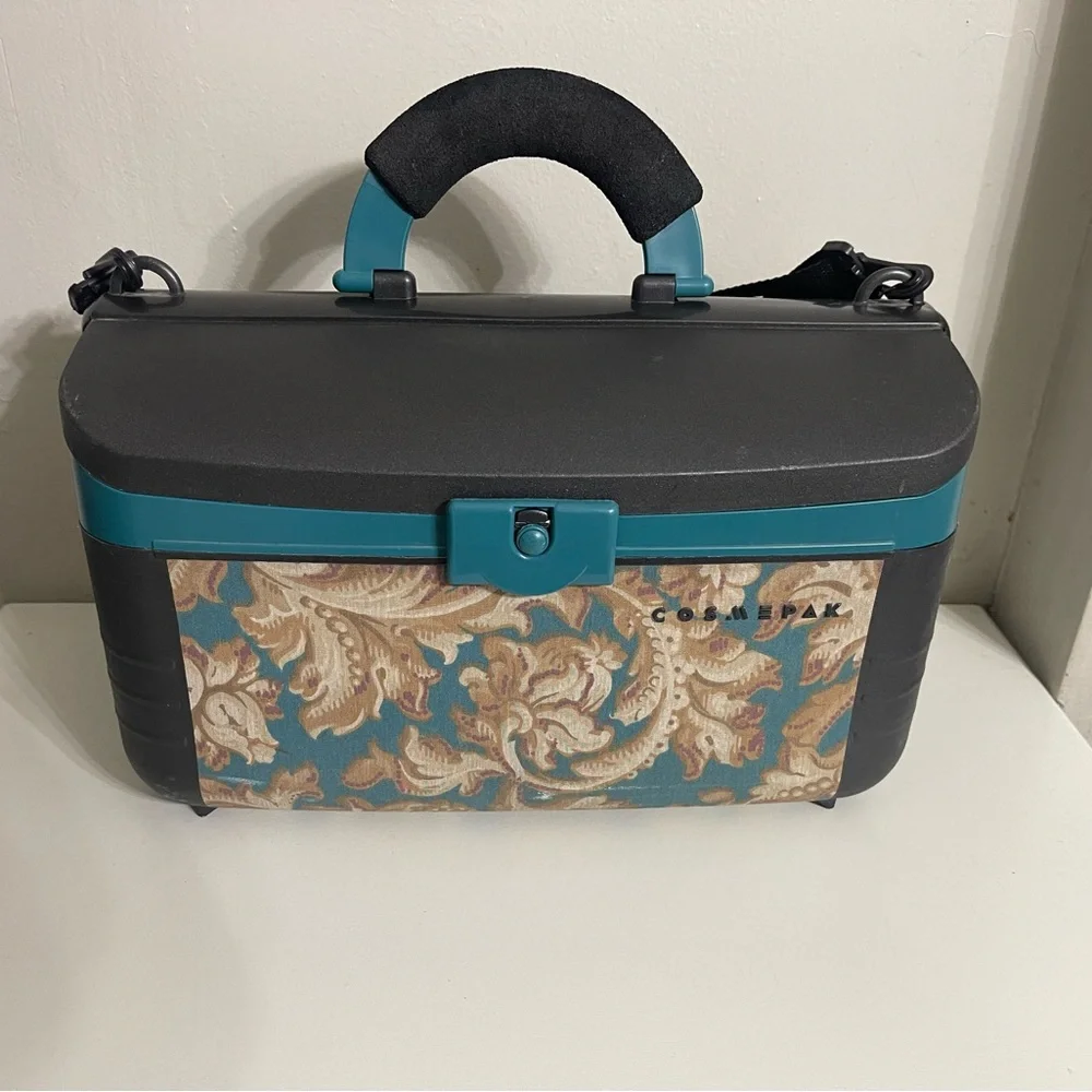 Vintage Caboodles Teal and Black Floral‎ Patterned Hair Accessory Case